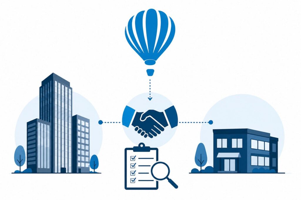 Illustration showing a business acquisition and commercial real estate transaction connected through due diligence, negotiation, and operational review using Dodson Legal Group inspired branding.