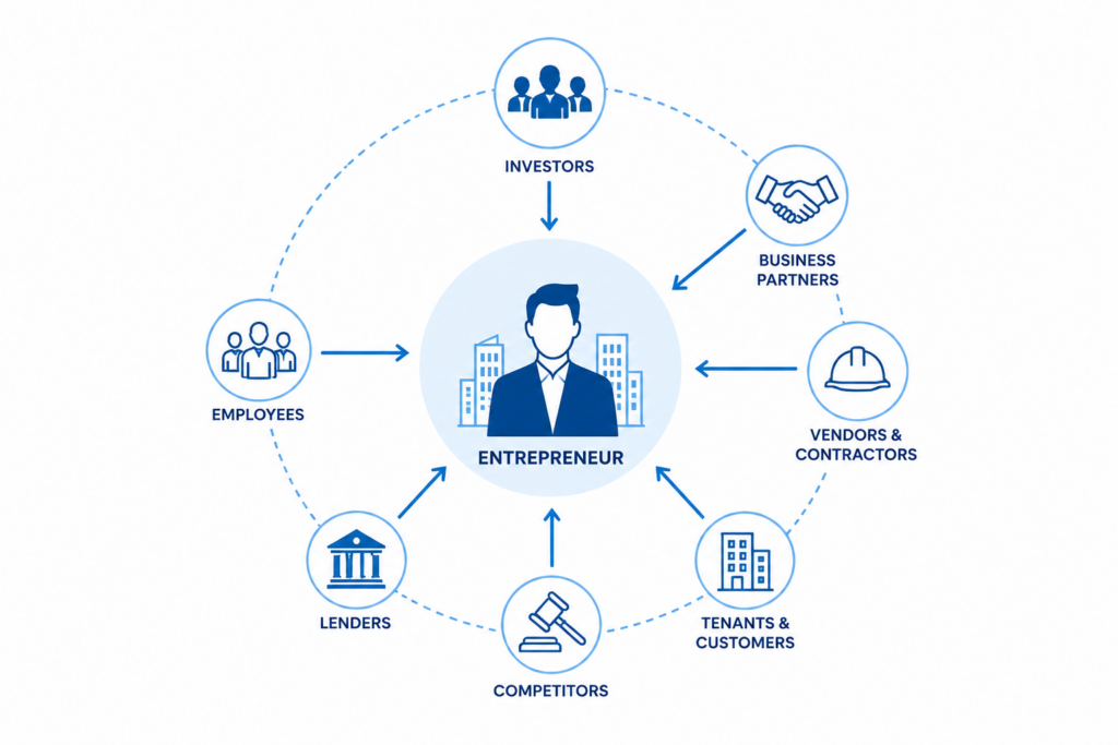 Illustration showing an entrepreneur protecting businesses, real estate, and investments with layered legal structures including LLCs, insurance, and a Nevada Asset Protection Trust.