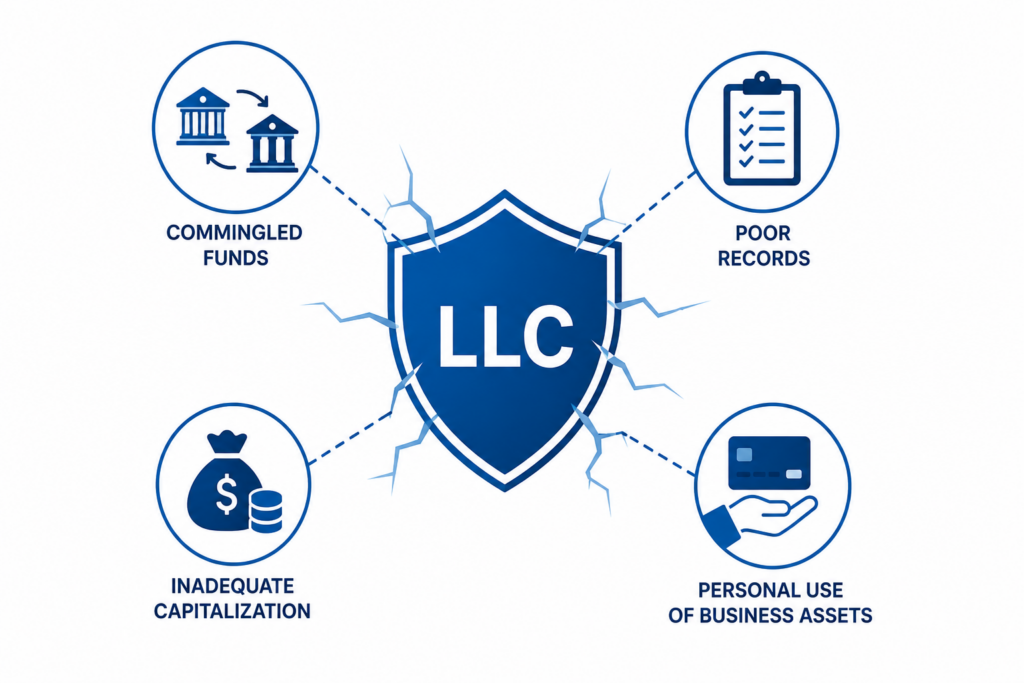 Simple illustration showing an LLC protecting a business owner from company liabilities while an asset protection trust provides an additional layer around ownership of the LLC.