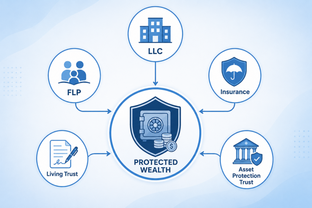 Simple illustration showing a Family Limited Partnership owning multiple businesses, real estate, and investments while separating management from ownership and supporting long-term asset protection.