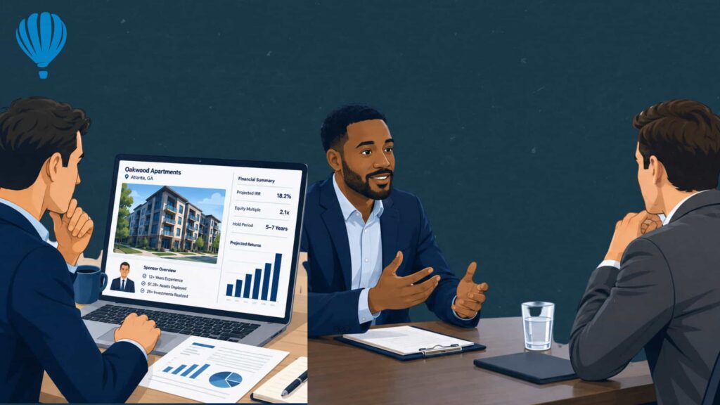 Visual comparison of a real estate syndication centered around one identified property and a private real estate fund investing across multiple future properties.