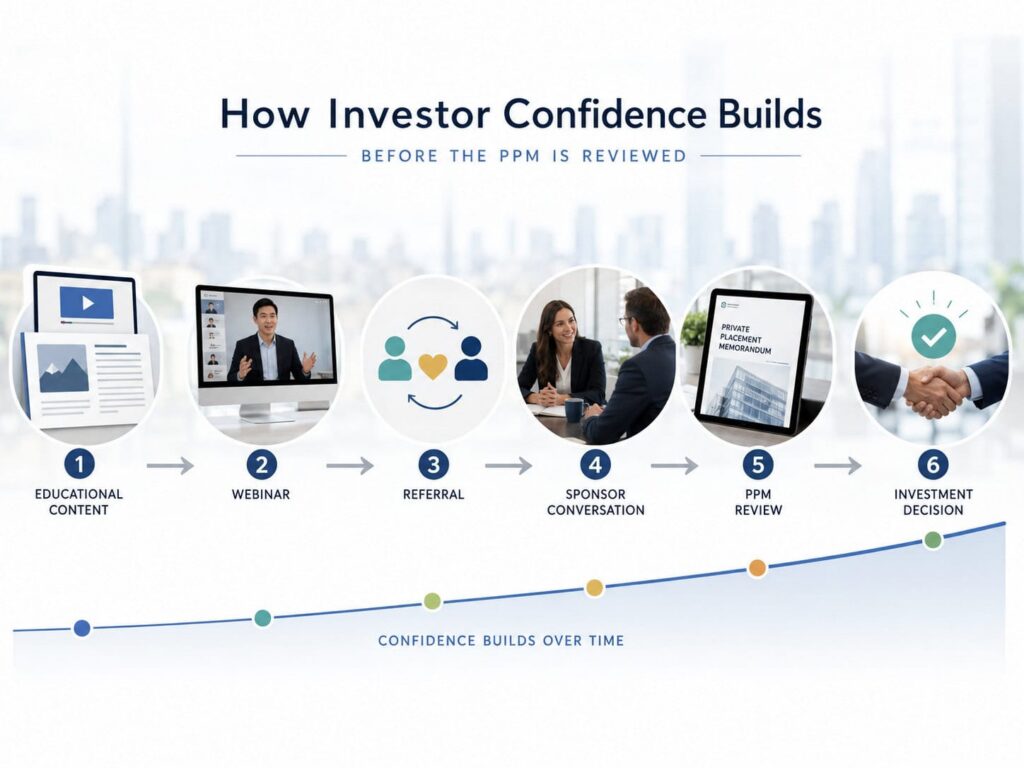 Simple illustration showing business planning, investor education, relationship building, and marketing strategy leading to a completed Private Placement Memorandum.