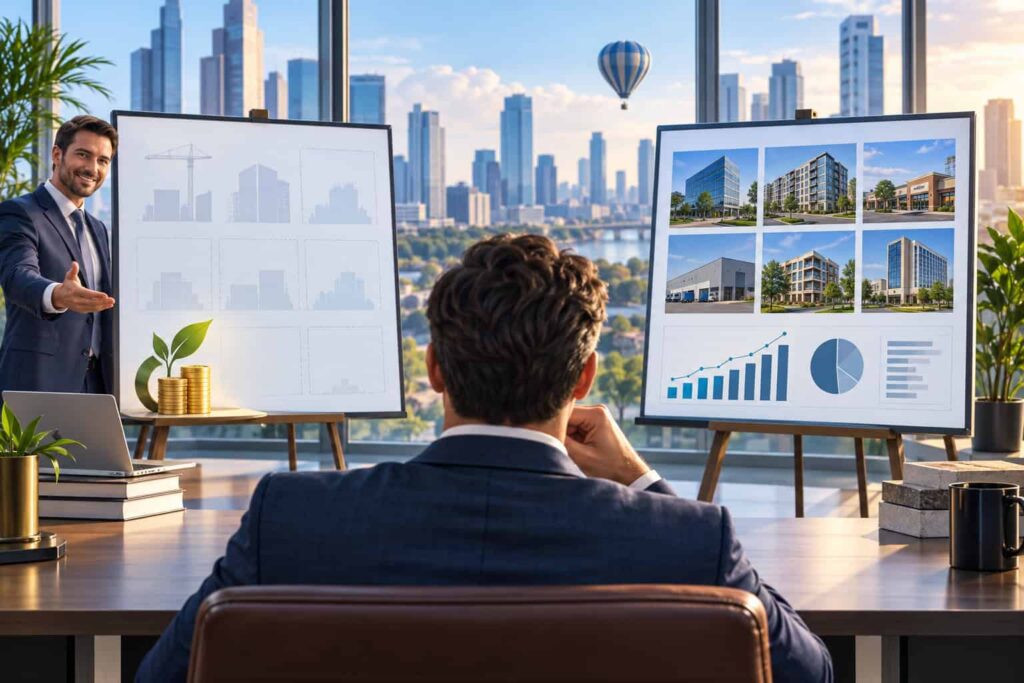 Illustration showing early investors entering a private real estate fund before the portfolio is built, while later investors enter after several properties have already been acquired.